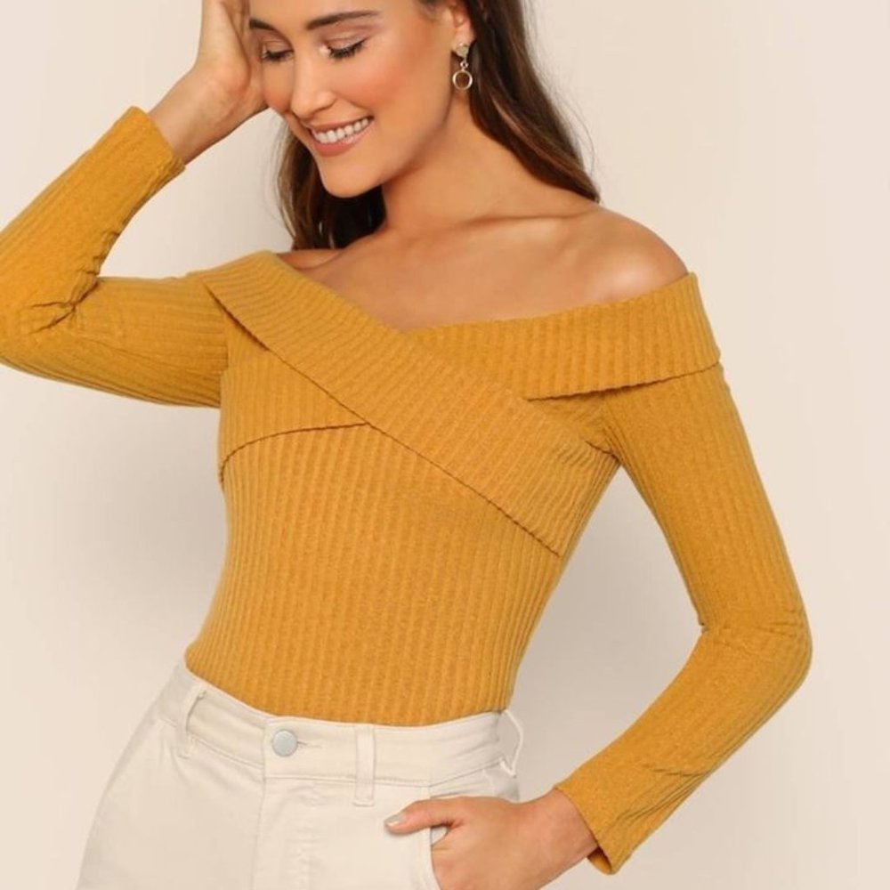 Hershe Crisscross Fold Over Long Sleeve Ribbed Bardot Top